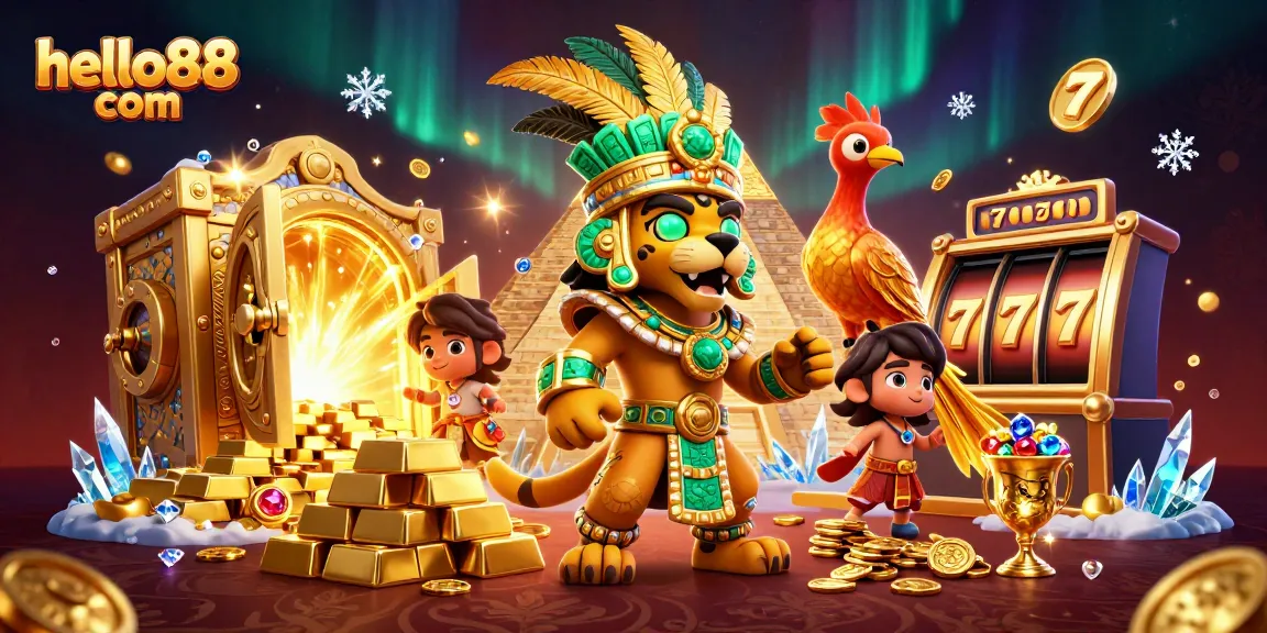 Engaging illustration of hello88 com revealing slot games, featuring a Mayan priest and treasures.