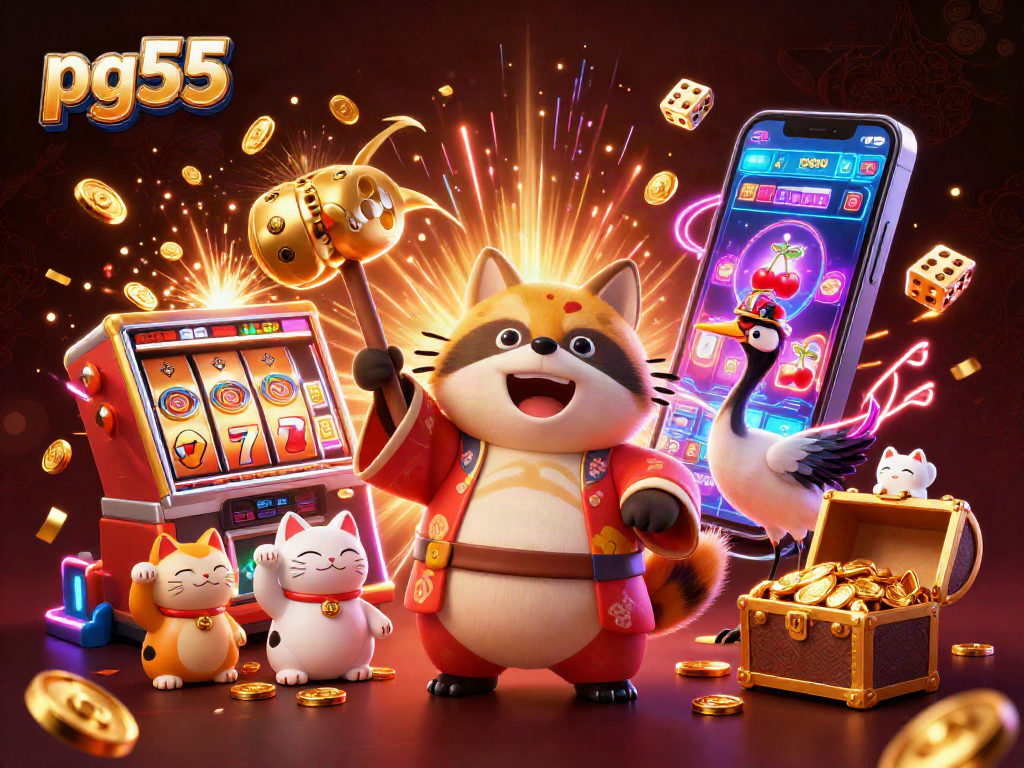Experience the vibrant pg55 casino atmosphere with cheerful characters and jackpot excitement.