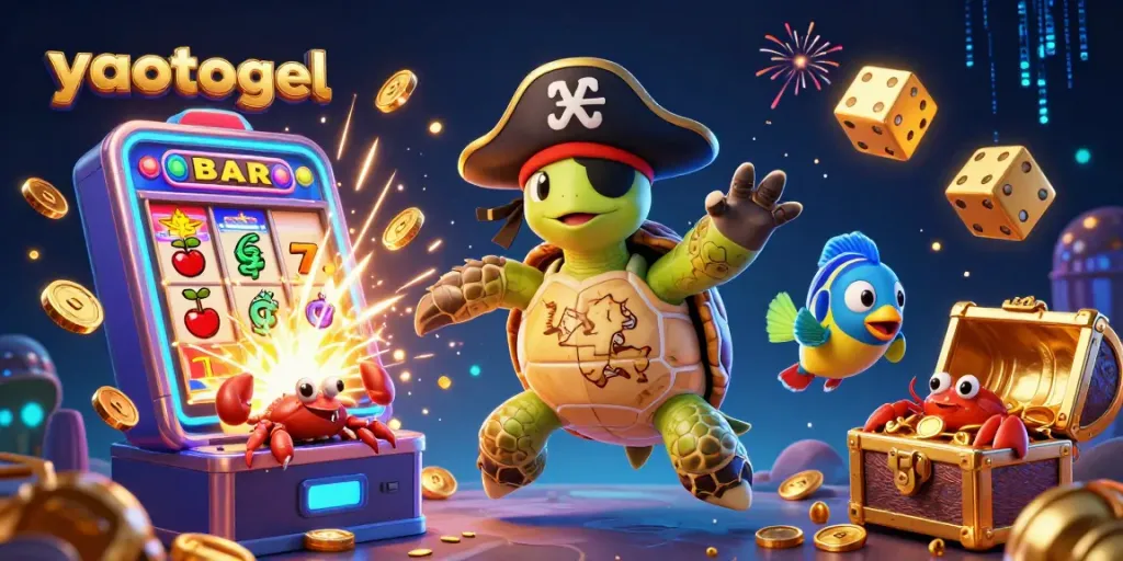 Engage with yaotogel's vibrant casino experience featuring a pirate turtle, hermit crab, and parrotfish above treasure.