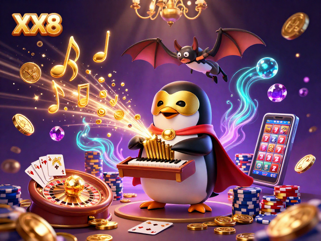 Catch the excitement of XX8 with a vibrant casino scene featuring a playful penguin and acrobat.