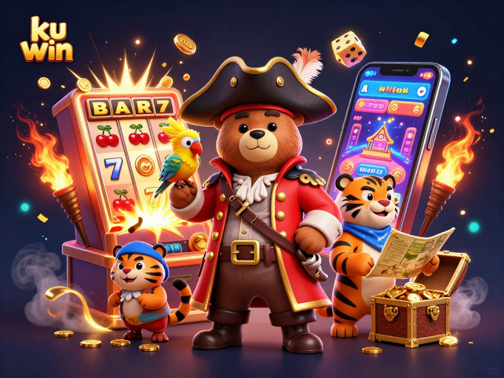 Experience thrilling wins with ku win, featuring a pirate bear captain amidst casino excitement.