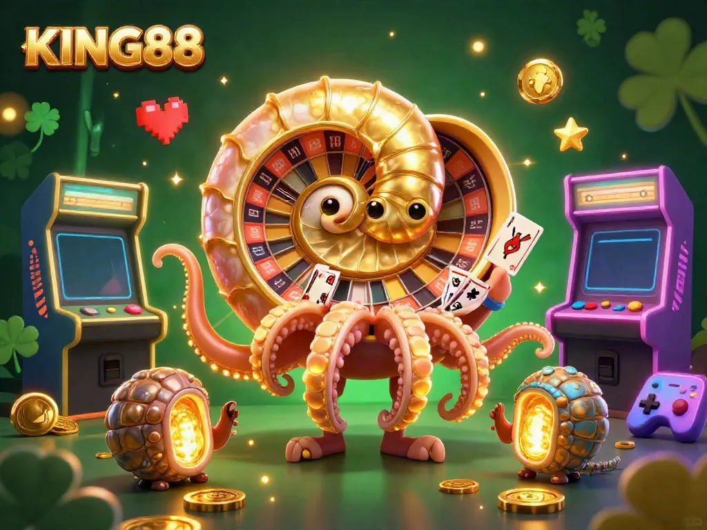 Engage with KING88's vibrant digital casino scene featuring a nautilus roulette wheel, glowing fossils, and arcade games.