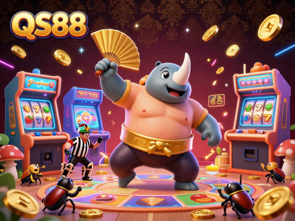 Experience the gaming excitement with QS88's rich casino scene featuring beetle champions and slot machines.