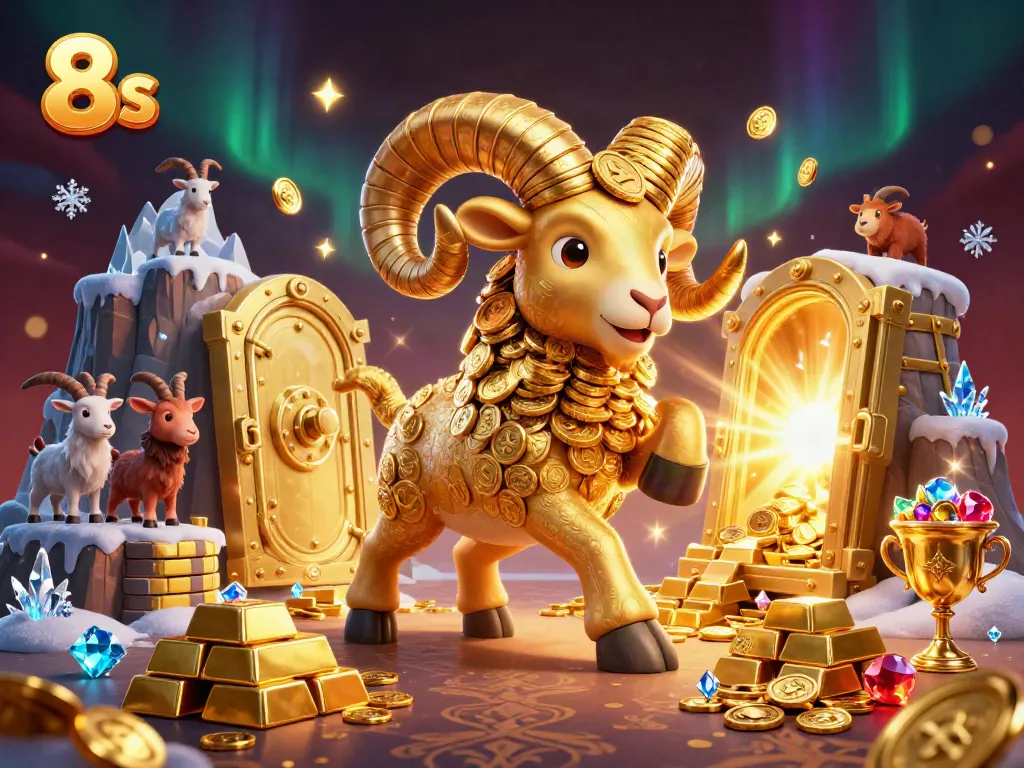 Engage in thrilling 8s casino adventures with the golden ram charging through a treasure vault.