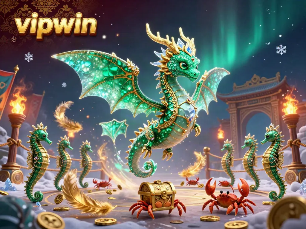 Experience the vibrant action of vipwin with floating emerald sea dragons and gold treasures in a dazzling casino-themed world.