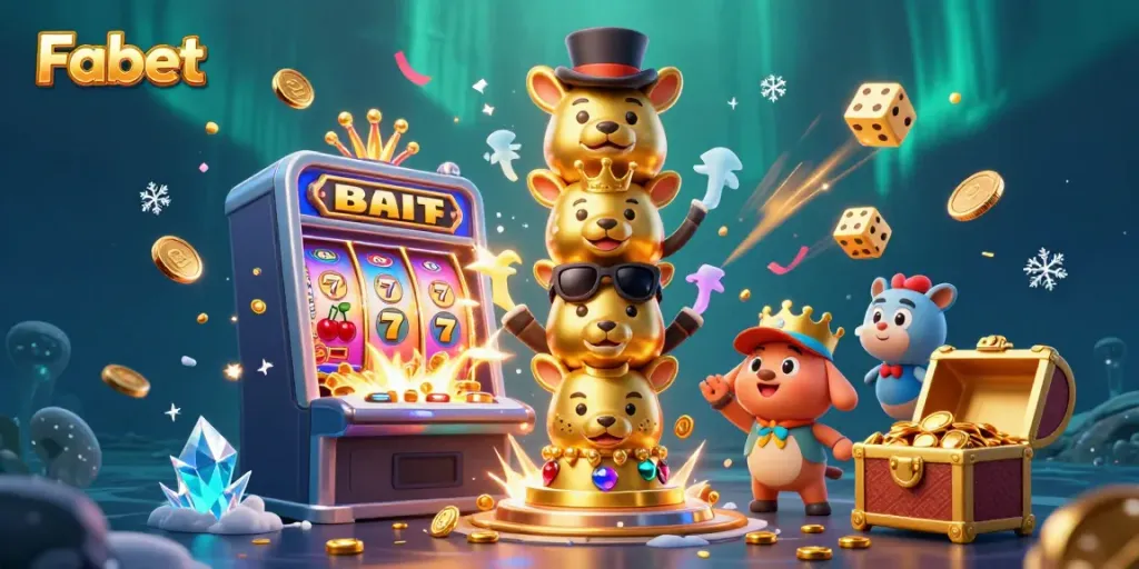 Experience the vibrant Fabet casino with animated characters, slot machines, and dazzling lights.