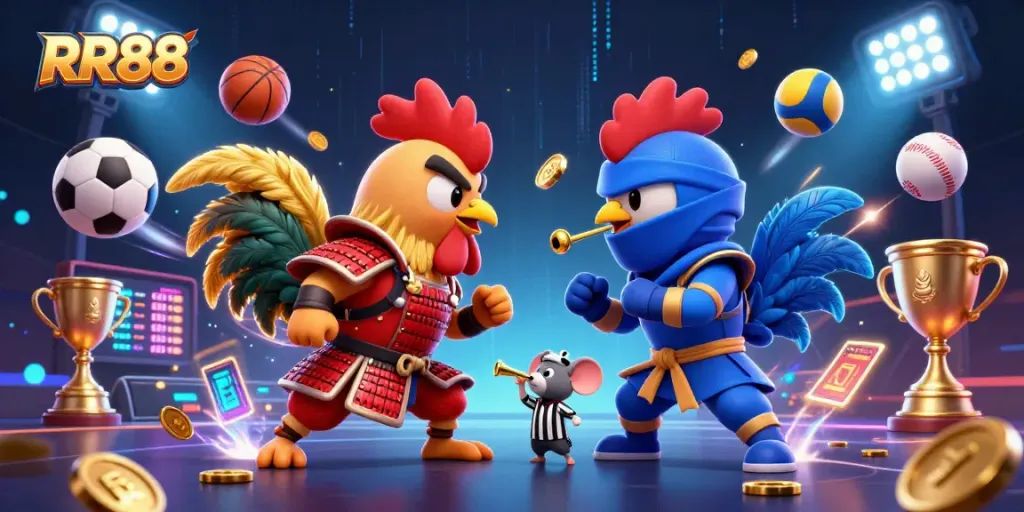 RR88 features a dynamic showdown of cartoon roosters in a vibrant 3D betting scene