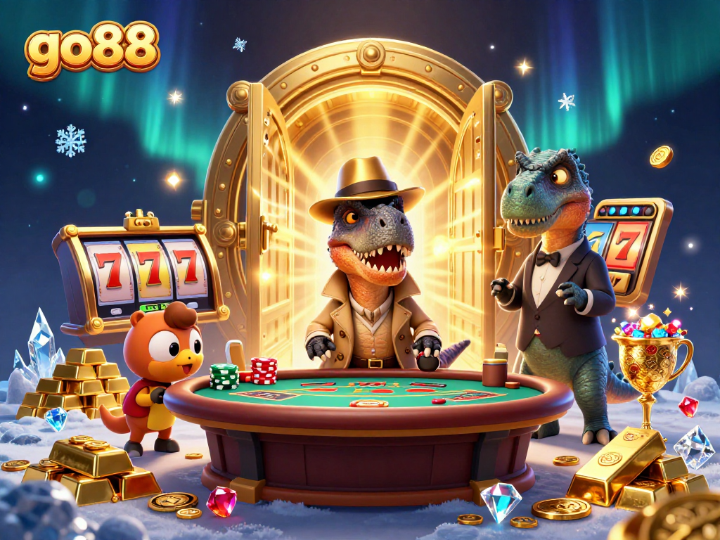 Engage with go88’s vibrant casino scene featuring a velociraptor and treasure in a dynamic blackjack setting.