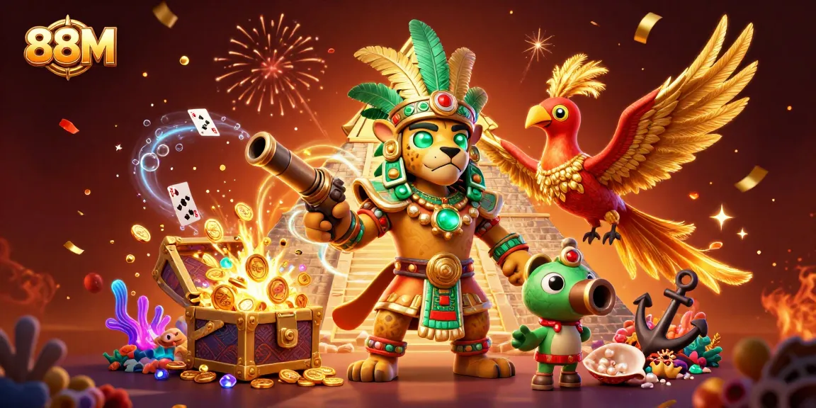 Engage in thrilling gaming action with 88M’s dynamic casino illustration showcasing vibrant characters and games.