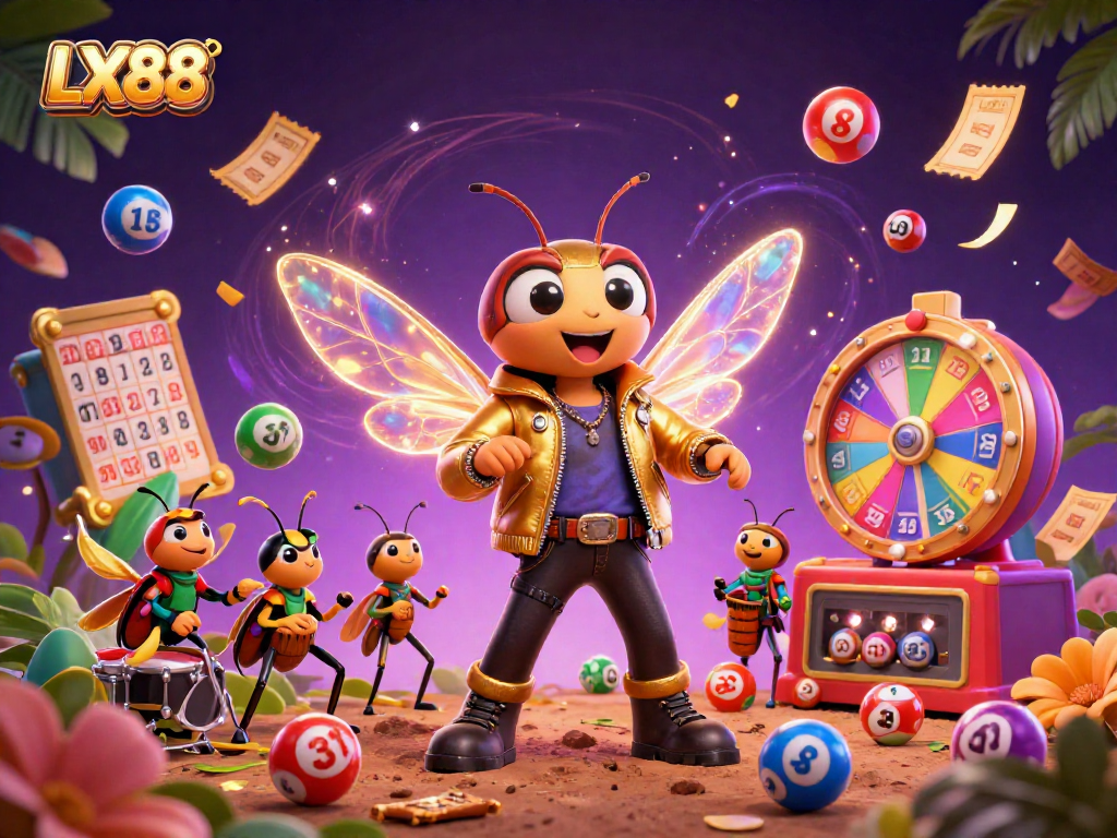 Experience thrilling wins with LX88 in a vibrant 3D casino scene filled with lottery excitement.