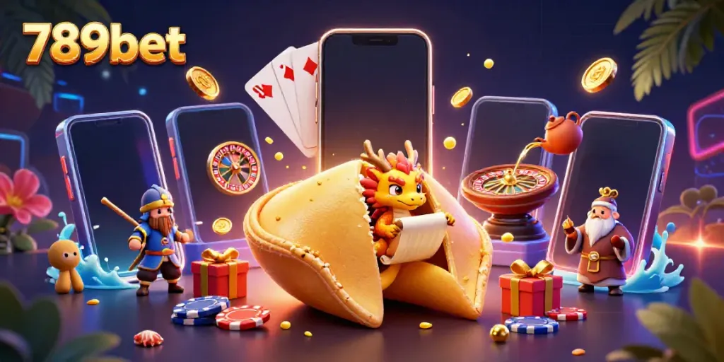 Engage with 789bet's vibrant digital casino experience featuring colorful gaming elements and a mystical scene.