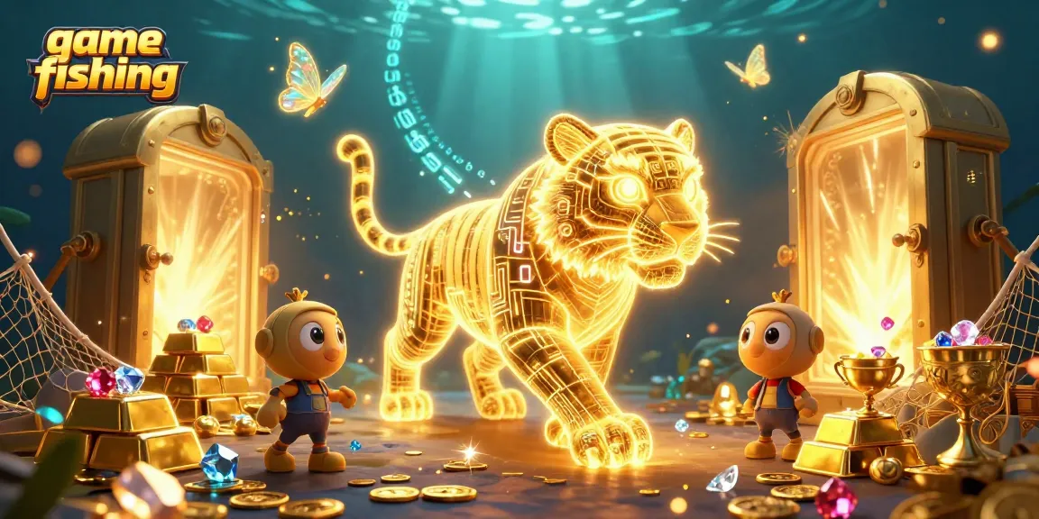 Immerse in game fishing with vibrant 3D visuals showcasing golden treasures and a neon tiger.