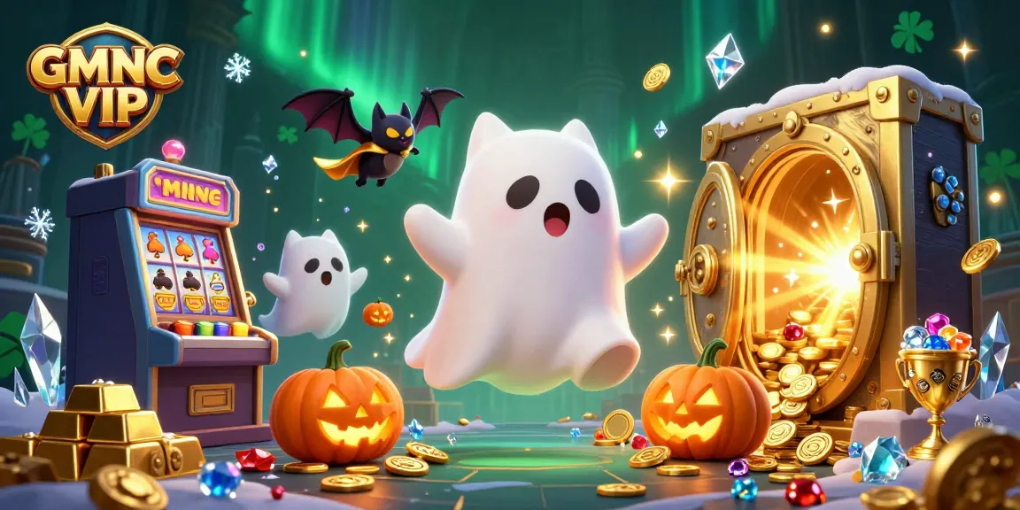 Engage in gaming excitement with GMNC VIP as the whimsical ghost cat and bat explore a haunted casino.