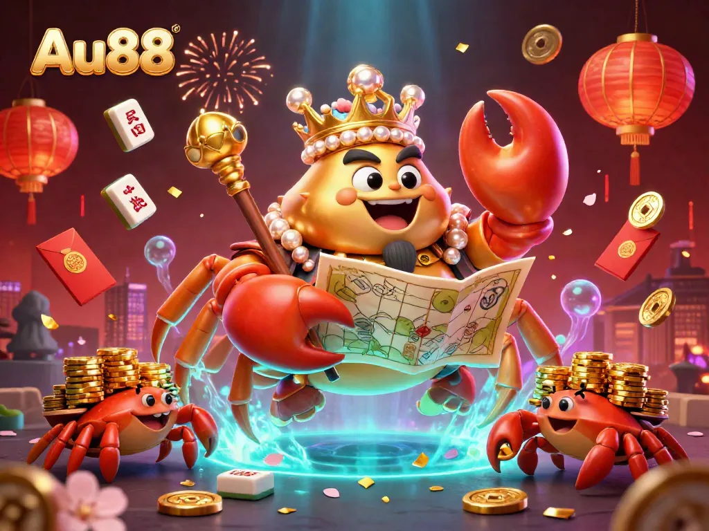 Engaging action scene of the golden crab emperor from Au88 surrounded by festive mahjong tiles and colorful lanterns.
