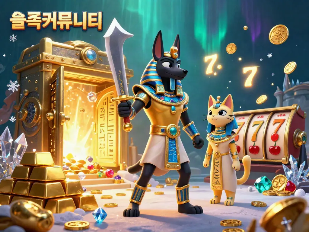 Explore remarkable 3D illustration of 슬롯커뮤니티 with Anubis, Bastet, and casino elements highlighting the excitement of gaming.