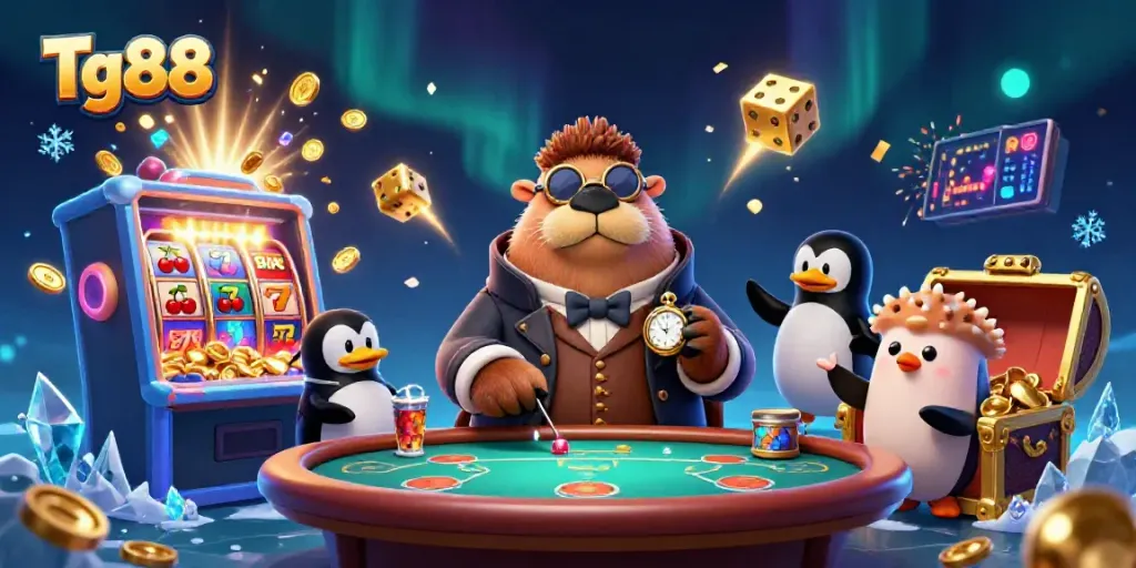 Win big at Tg88 with colorful casino games as our walrus and dealer showcase their poker skills.