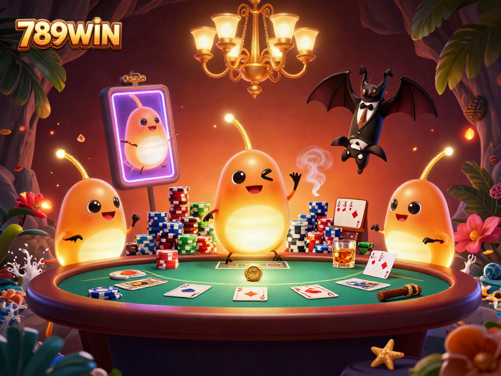 Experience the thrill of 789WIN with a vibrant cave casino scene illuminated by glowworms and a bat dealer.