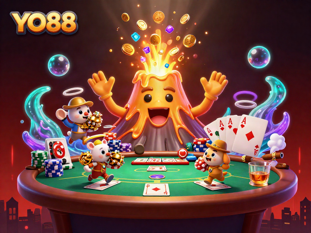 Experience thrilling treasures erupting from the YO88 volcano amidst a vibrant casino scene.