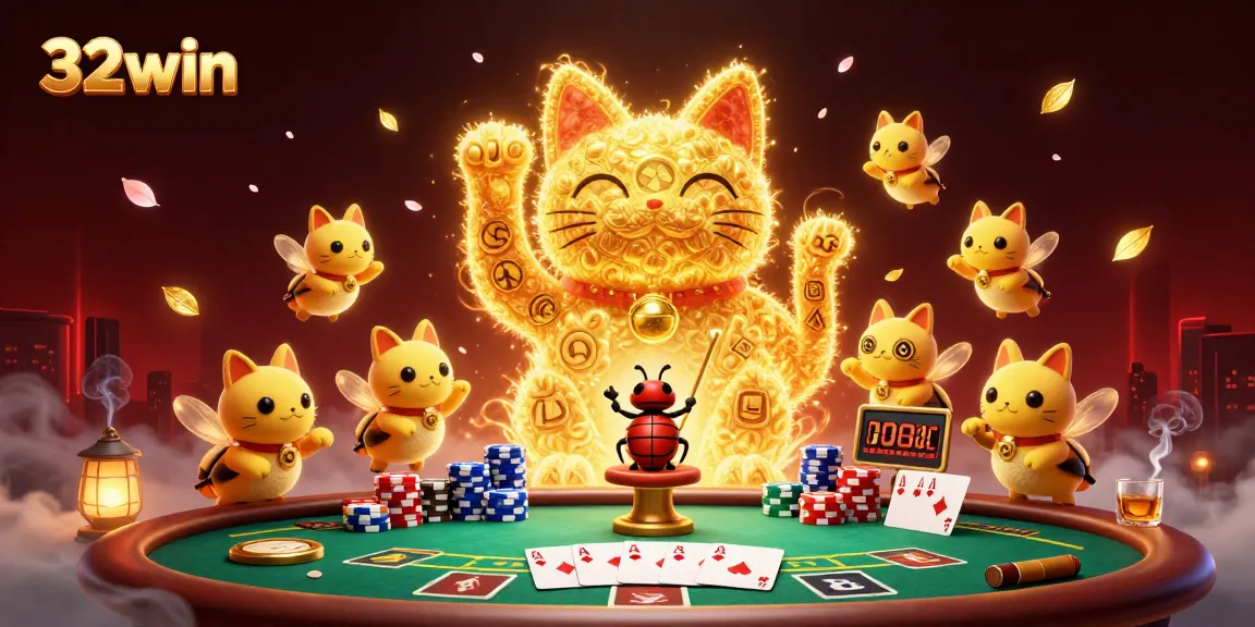 Experience the thrill of 32win with a vibrant illustration of playful fireflies forming a lucky cat surrounded by poker elements.