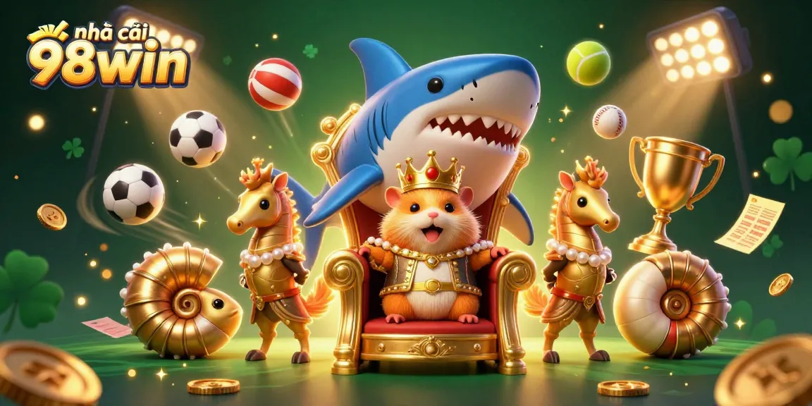 Experience the excitement of nhà cái 98win with the golden hamster king and dynamic sports elements in this vibrant illustration.