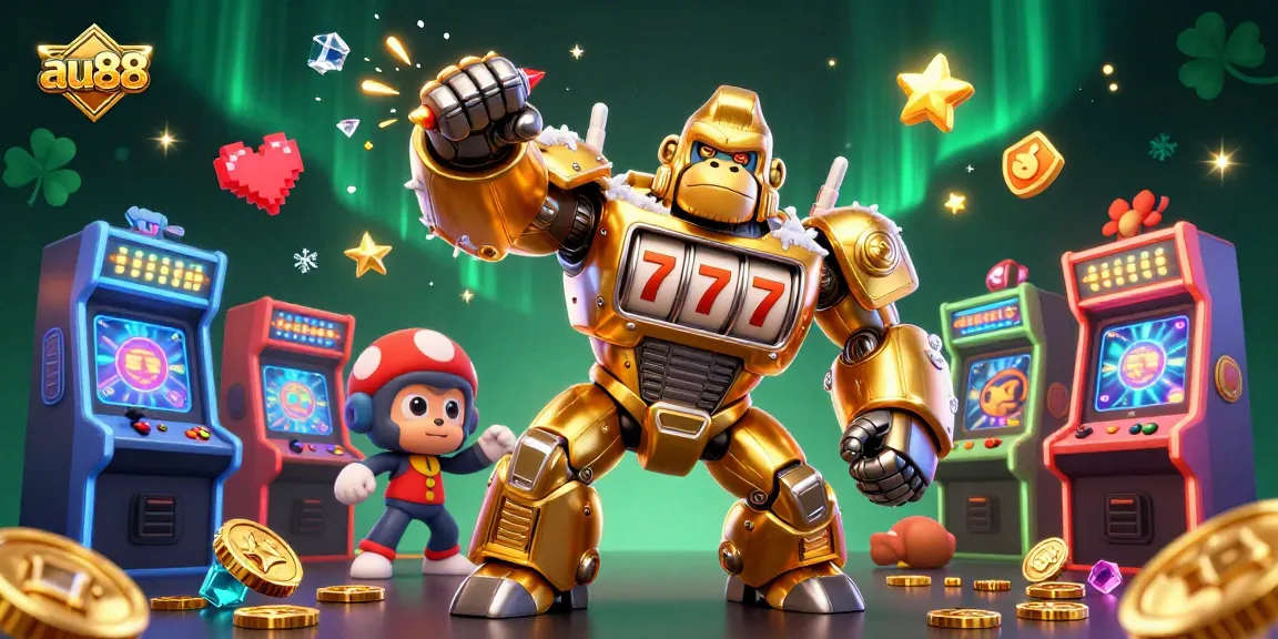 Play thrilling casino games at au88 featuring a dynamic golden gorilla mech and game elements.
