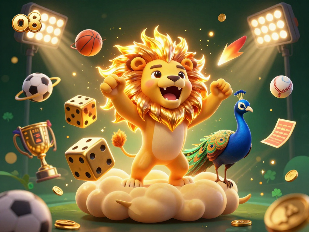 Watch the vibrant o8 sun lion triumphantly roar amidst dynamic gaming elements and gold coins.