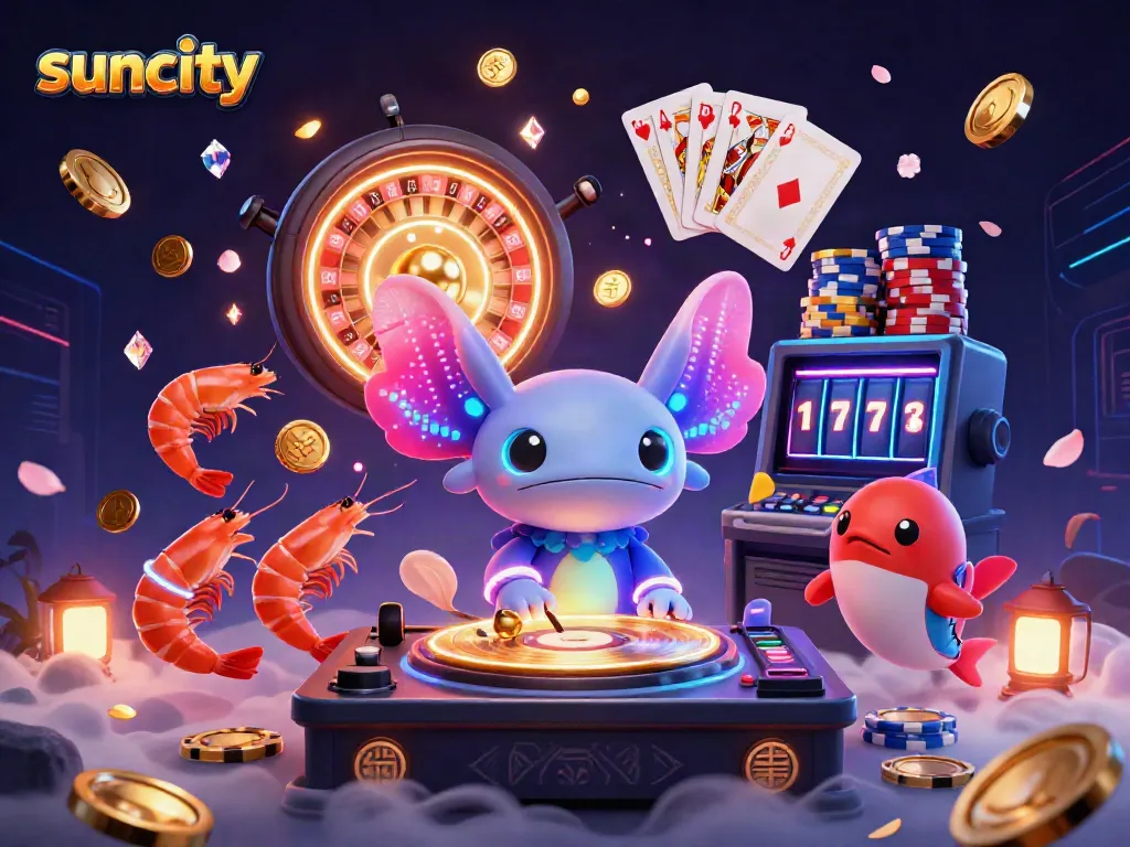 Play games at Suncity with a neon axolotl DJ and festive underwater elements in vibrant colors.