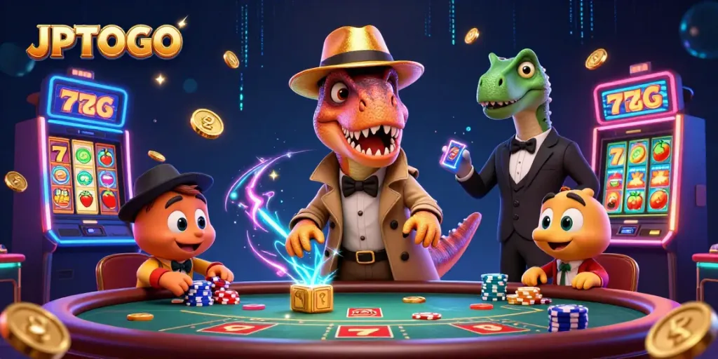 Experience JPTOTO gaming with a clever velociraptor at the blackjack table while a suspicious stegosaurus watches nearby.