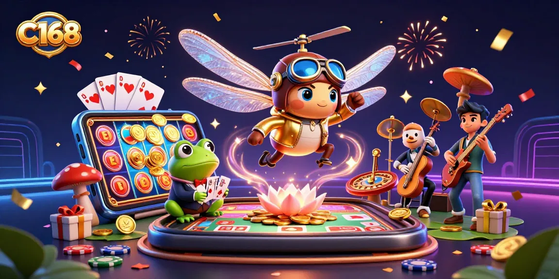 C168 dragonfly pilot and frog croupier in vibrant casino illustration with jazz musicians