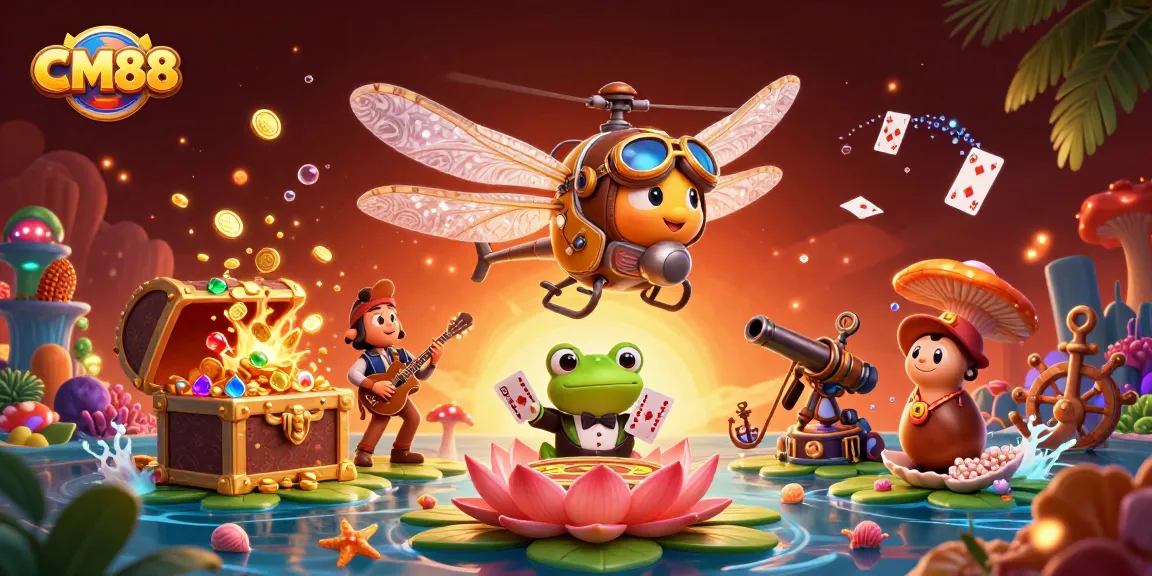 Experience engaging games at CM88's vibrant online casino with dragonfly pilot and frog dealer.