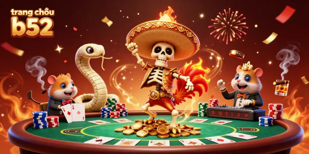 Experience winning thrills on trang chủ b52 with a festive casino scene showcasing vibrant characters celebrating among poker elements.