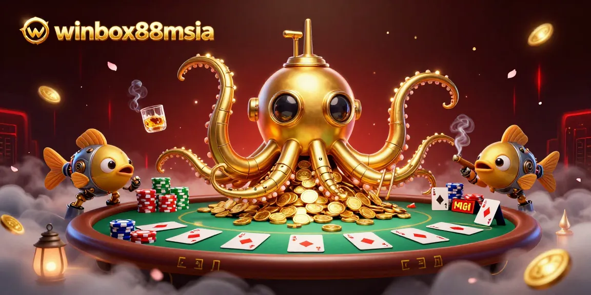 Winbox88msia's vibrant 3D casino scene featuring a golden kraken and poker elements.