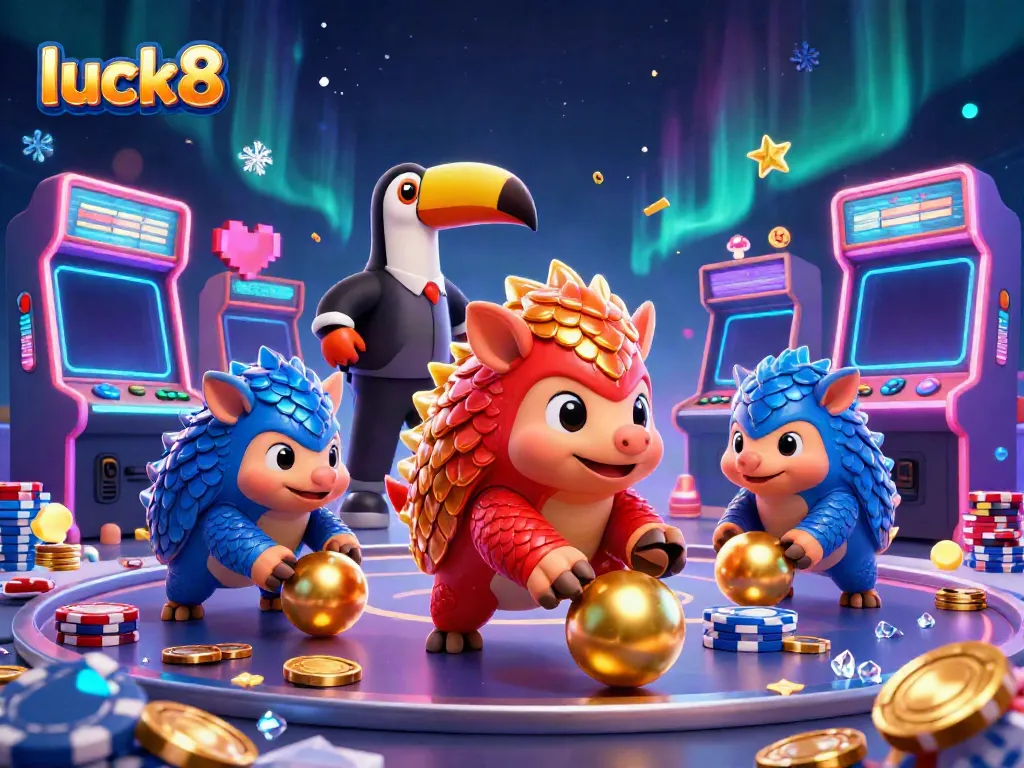 Engaging scene of luck8 with cartoon pangolins bowling through poker chips, under a colorful casino atmosphere.