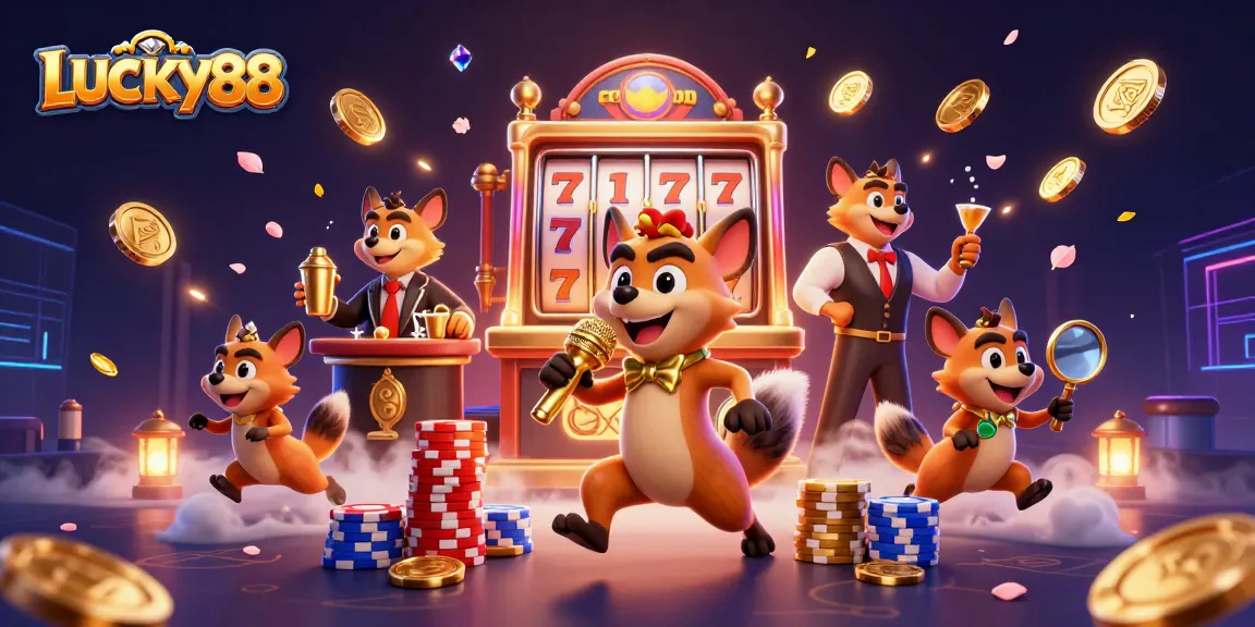 Engage with LUCKY88's vibrant comedy casino scene featuring hyenas, slots, and playful gambling elements.
