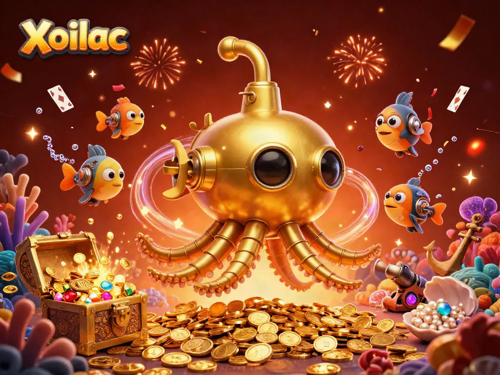Xoilac submarine emerges from golden coins, surrounded by vibrant casino elements in 3D illustration.