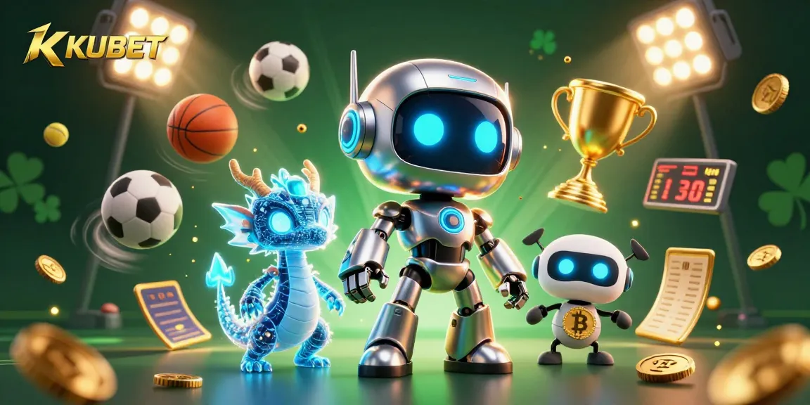 KUBET showcases a vibrant 3D illustrated scene featuring a cyberpunk robot and AI companions, immersed in a dynamic sports betting atmosphere.