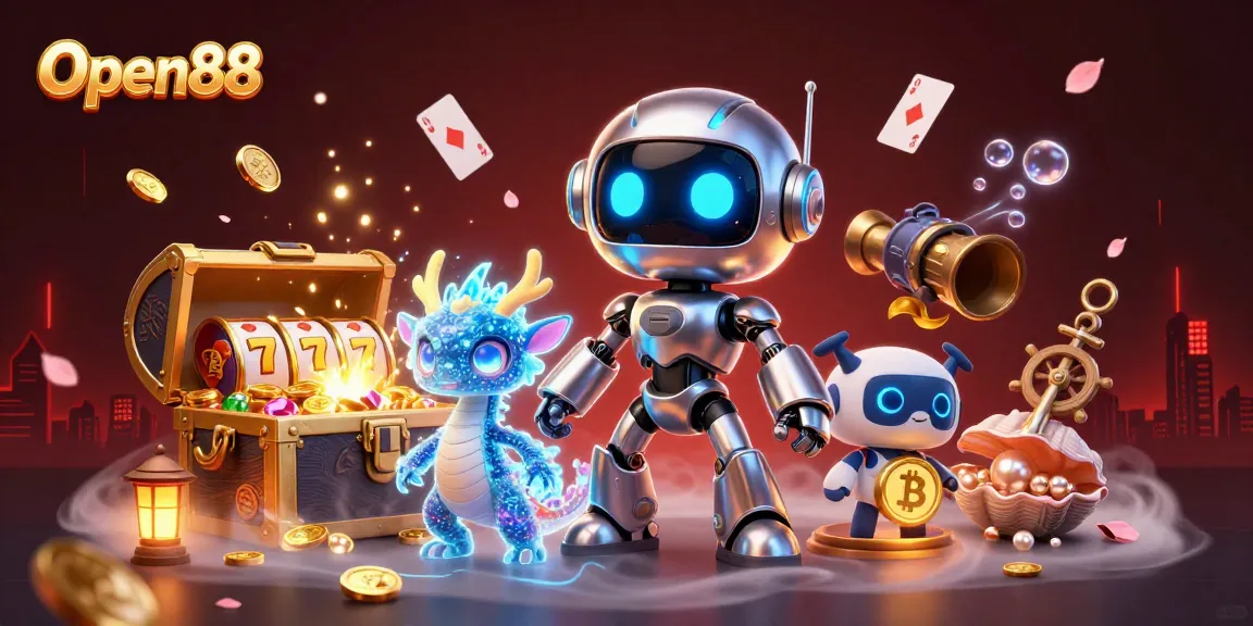 Open88 engage with a vibrant 3D casino scene filled with gold coins, slot reels, and playful characters.