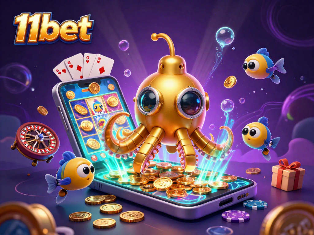 Engage with 11bet's vibrant casino world featuring the golden kraken submarine amidst gold coins.