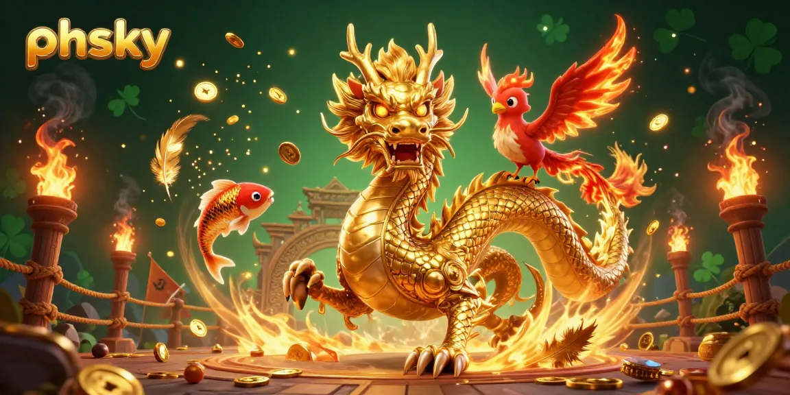 Play exciting games at phsky, featuring a golden dragon, phoenix, and koi fish amid a shower of coins.