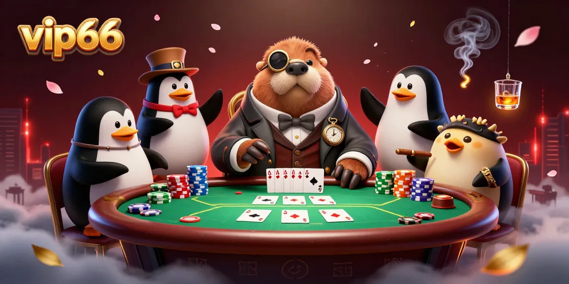 Experience thrilling poker action in vip66 with a whimsical walrus and dealer penguin.