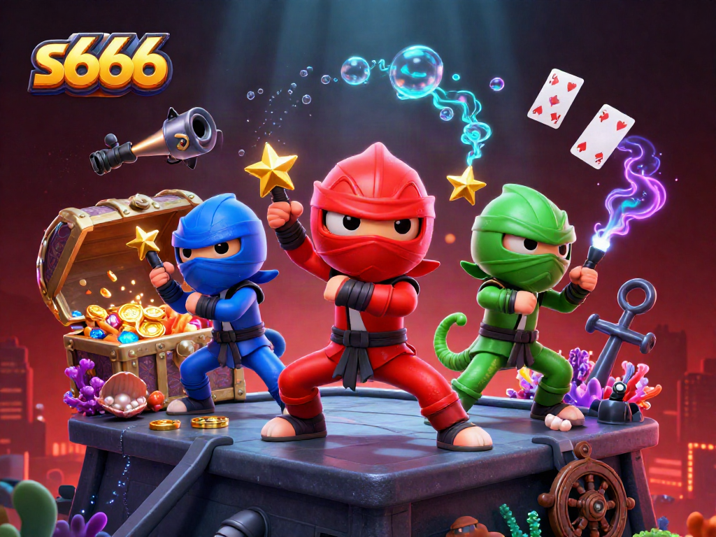 Engage in exciting gaming with s666 featuring ninja chameleons and treasures in a vibrant 3D scene.