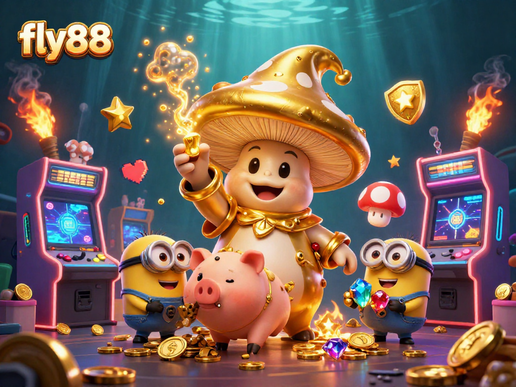 Engage in thrilling gameplay at fly88 with a magical golden wizard, treasures, and vibrant arcade themes.