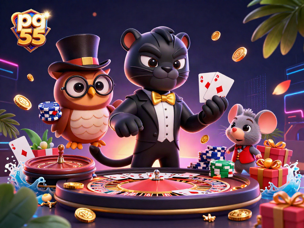 pg 55 showcases a stylish black panther dealing cards in an engaging casino illustration.