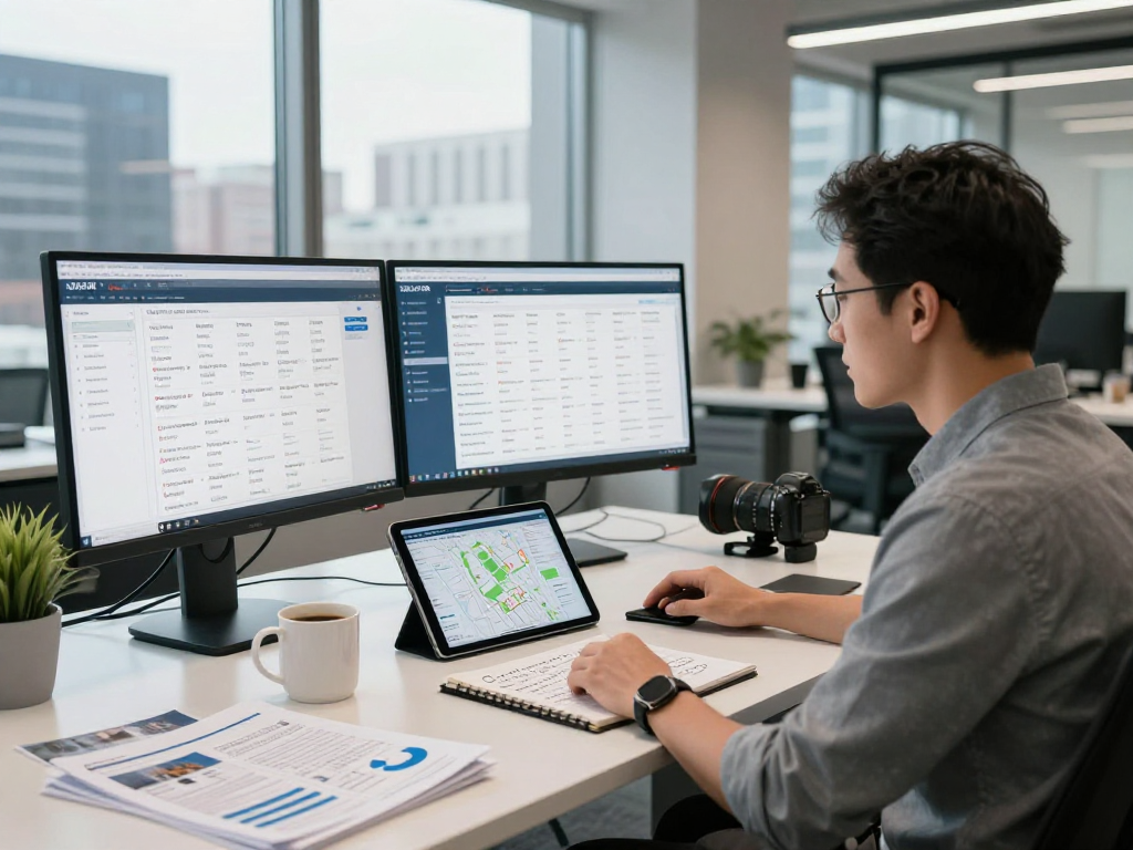 Real estate analysis with IDXSTAR data in a vibrant office.