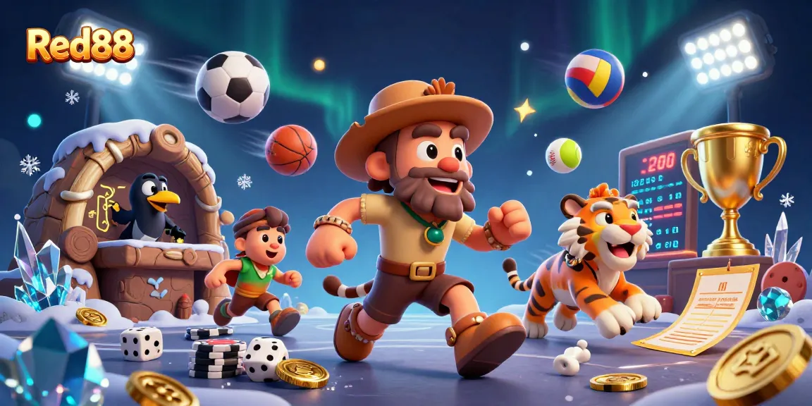 Experience thrilling games at Red88's unique casino environment with cavemen and dynamic sports elements.