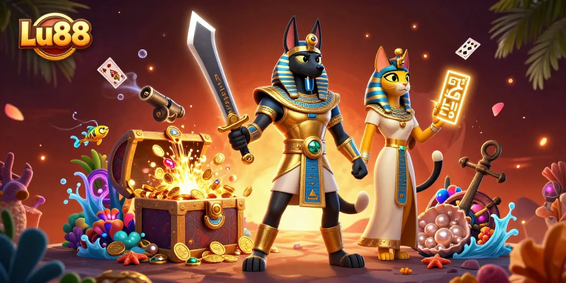 Join the excitement of Lu88 with a dynamic 3D rendering featuring ancient Egyptian elements punctuated by vibrant casino imagery.