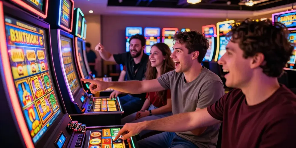 Excited friends enjoying the best bonus buy slots at a vibrant casino gaming floor