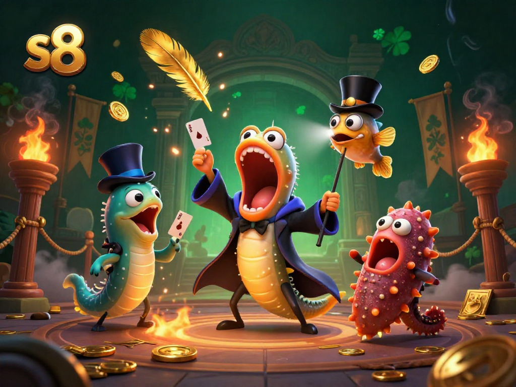 S8 gameplay featuring a bioluminescent eel performing card tricks in a vibrant casino environment