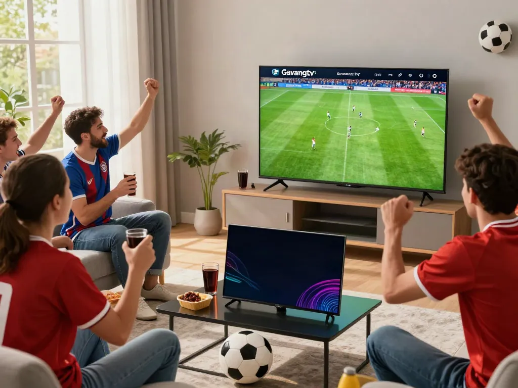 Fans enjoying soccer on Gavangtv in a lively living room.