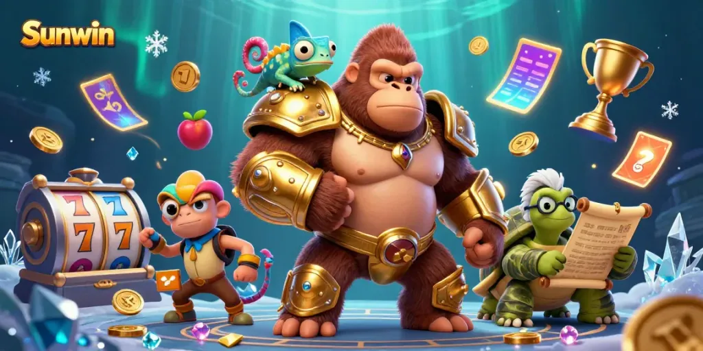 Experience winning thrills with Sunwin: dynamic 3D illustration featuring vibrant characters and casino elements.